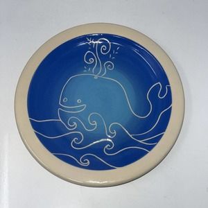 Studio Art Pottery Jean Wells Whale Ocean Blue Dish Milwaukee Artist 9 Inch Cute